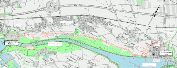 Übersicht des beabsichtigten Neubaus der 380-kV-Leitung ab dem „Umspannwerk Altheim“ bis zur „Schaltanlage Isar“